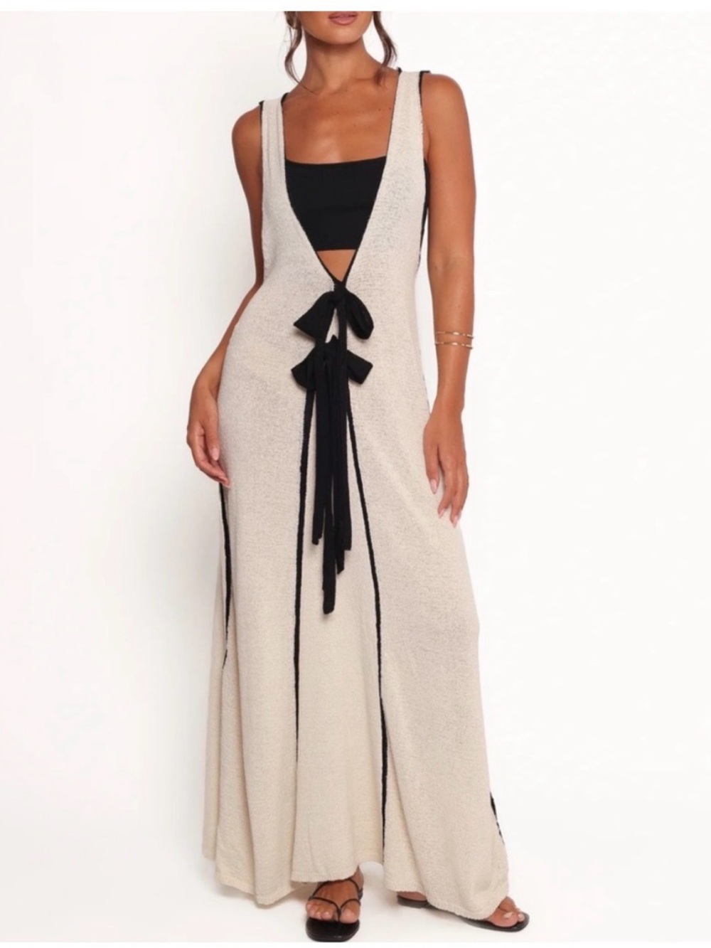 Mable Sleeveless Beige Knit Tie-Front Dress with Black Trim